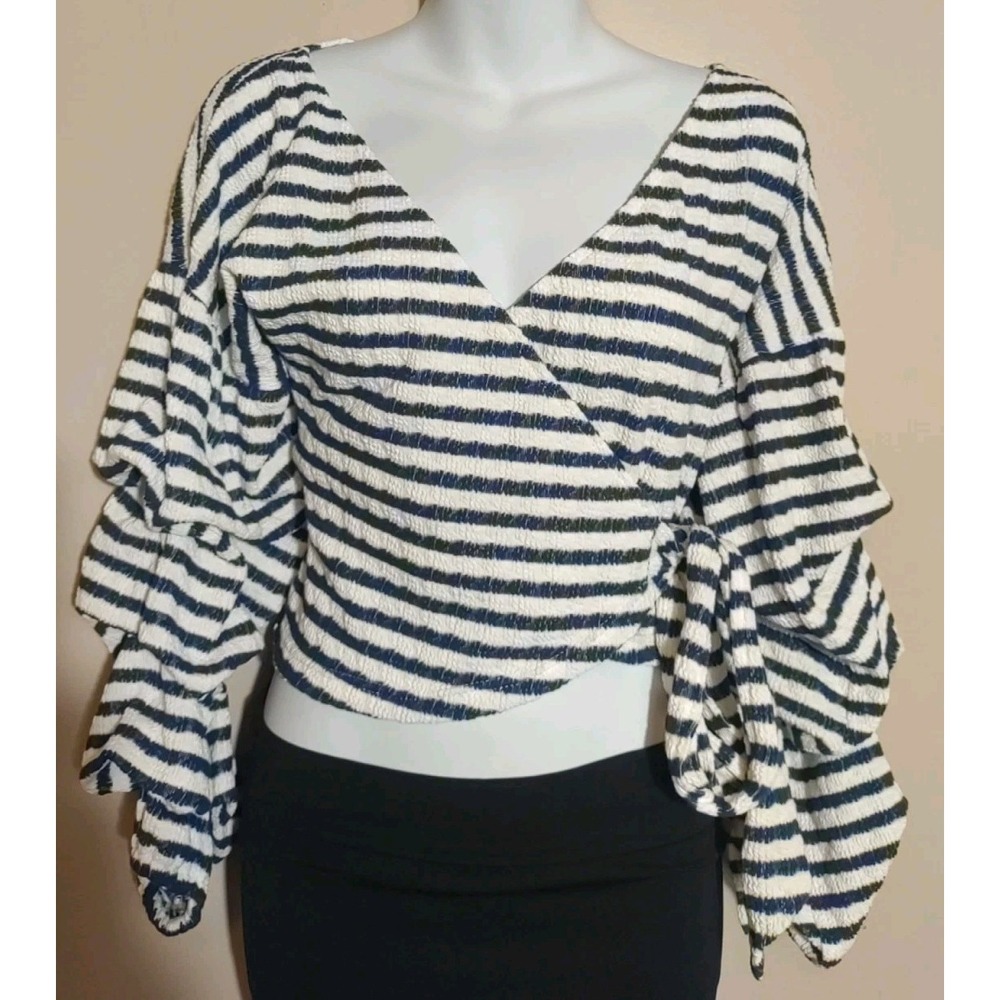 Luxxel Blue White‎ Stripe Textured Layered Sleeve Wrap Top Size S